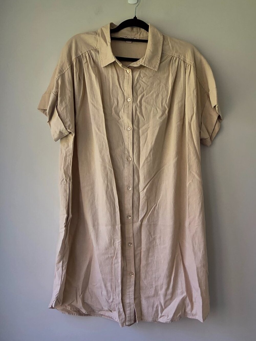 Linen Blend Button Down Shirt Dress | Large | Khaki Short Sleeves Pockets NEW